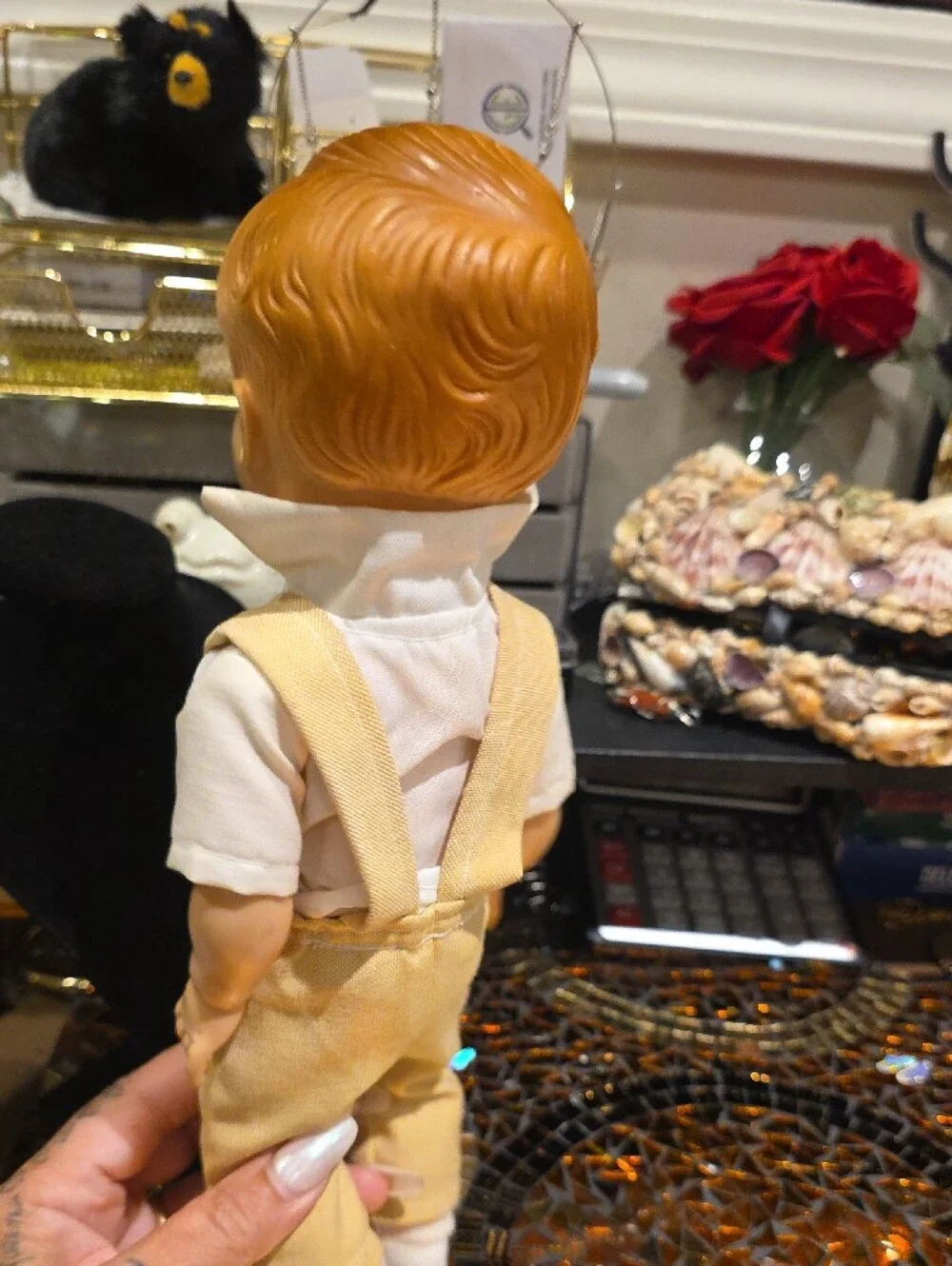 Vintage Doll in Tan Overalls with White Shirt